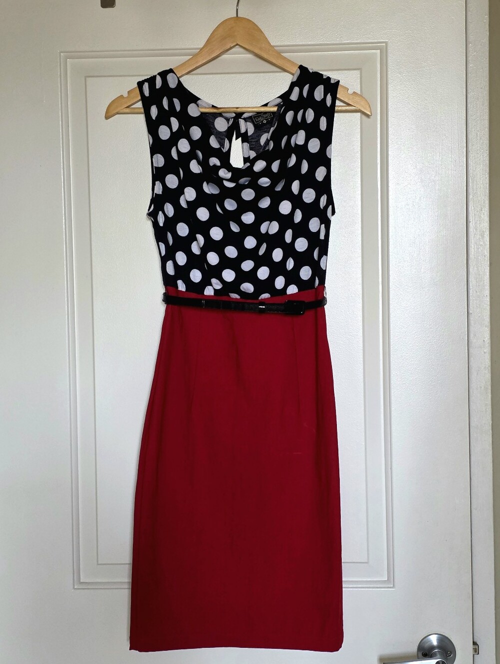 RockSteady Wiggle Dress, Black-and-White Polka Dot Top with Red Pencil Skirt, M